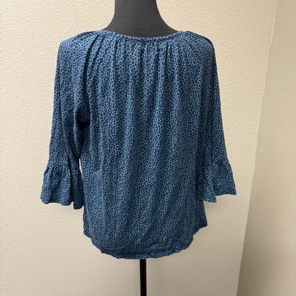 Michael Kors Blue Pebble Print Ruffle Sleeve Blouse Casual Boho Chic Top L - Picture 5 of 9